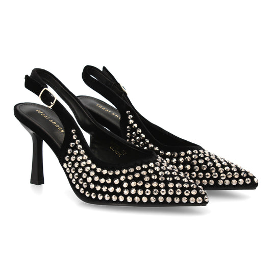 Zapatos de salón elegante con punta fina y pedreria  tacon fino y cierre de hebi