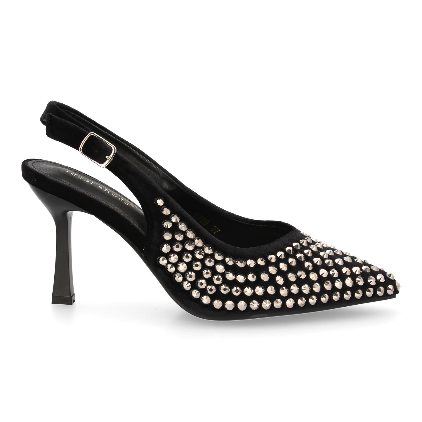 Zapatos de salón elegante con punta fina y pedreria  tacon fino y cierre de hebi
