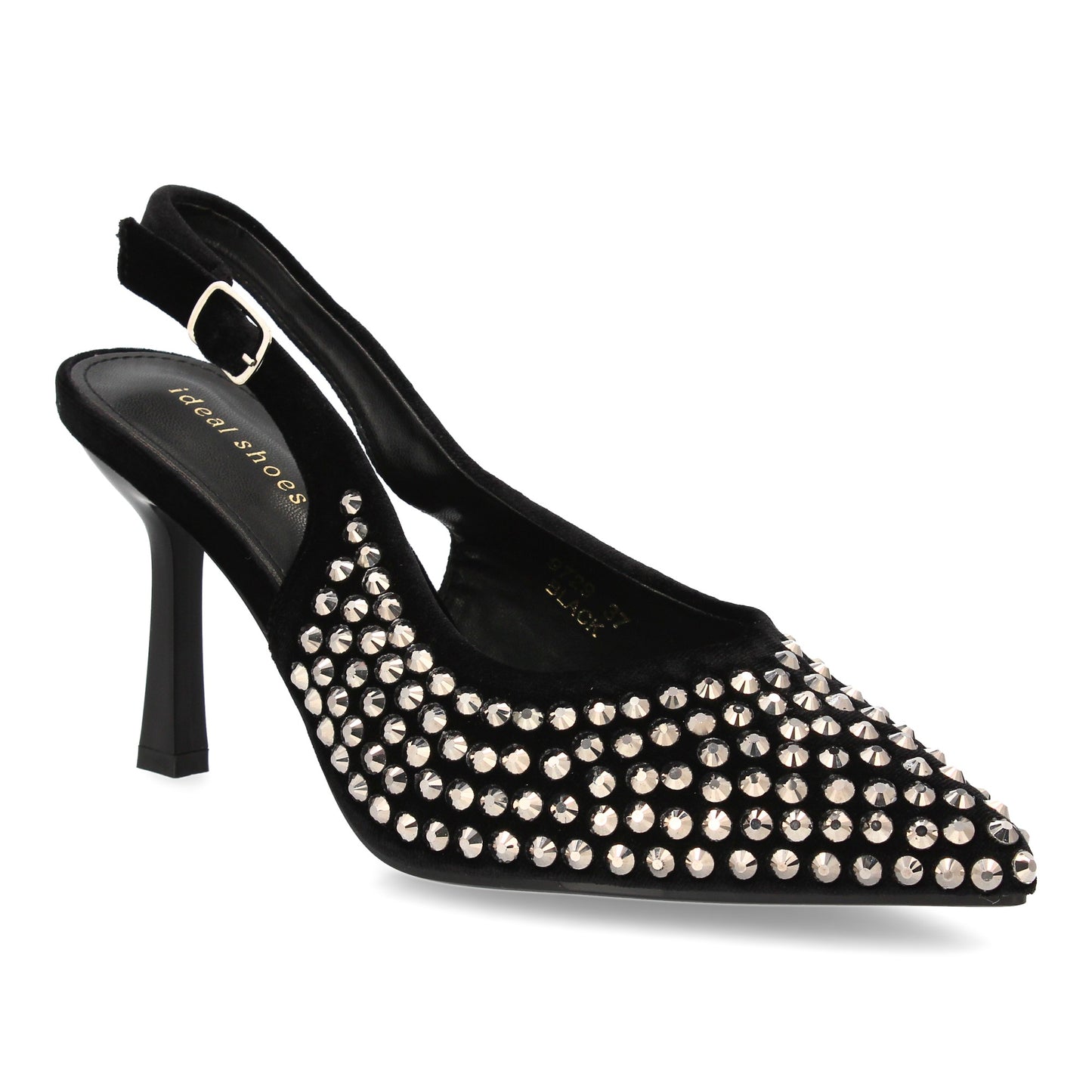 Zapatos de salón elegante con punta fina y pedreria  tacon fino y cierre de hebi