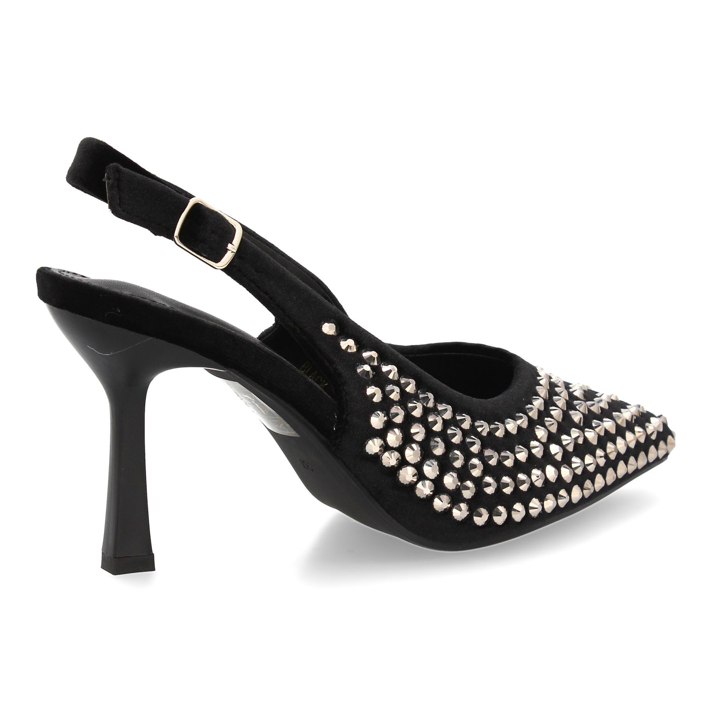 Zapatos de salón elegante con punta fina y pedreria  tacon fino y cierre de hebi