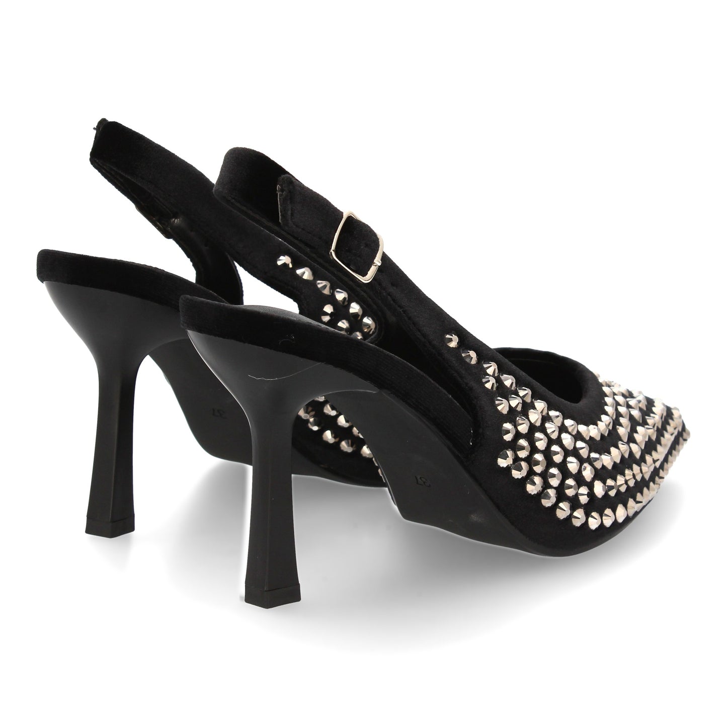 Zapatos de salón elegante con punta fina y pedreria  tacon fino y cierre de hebi