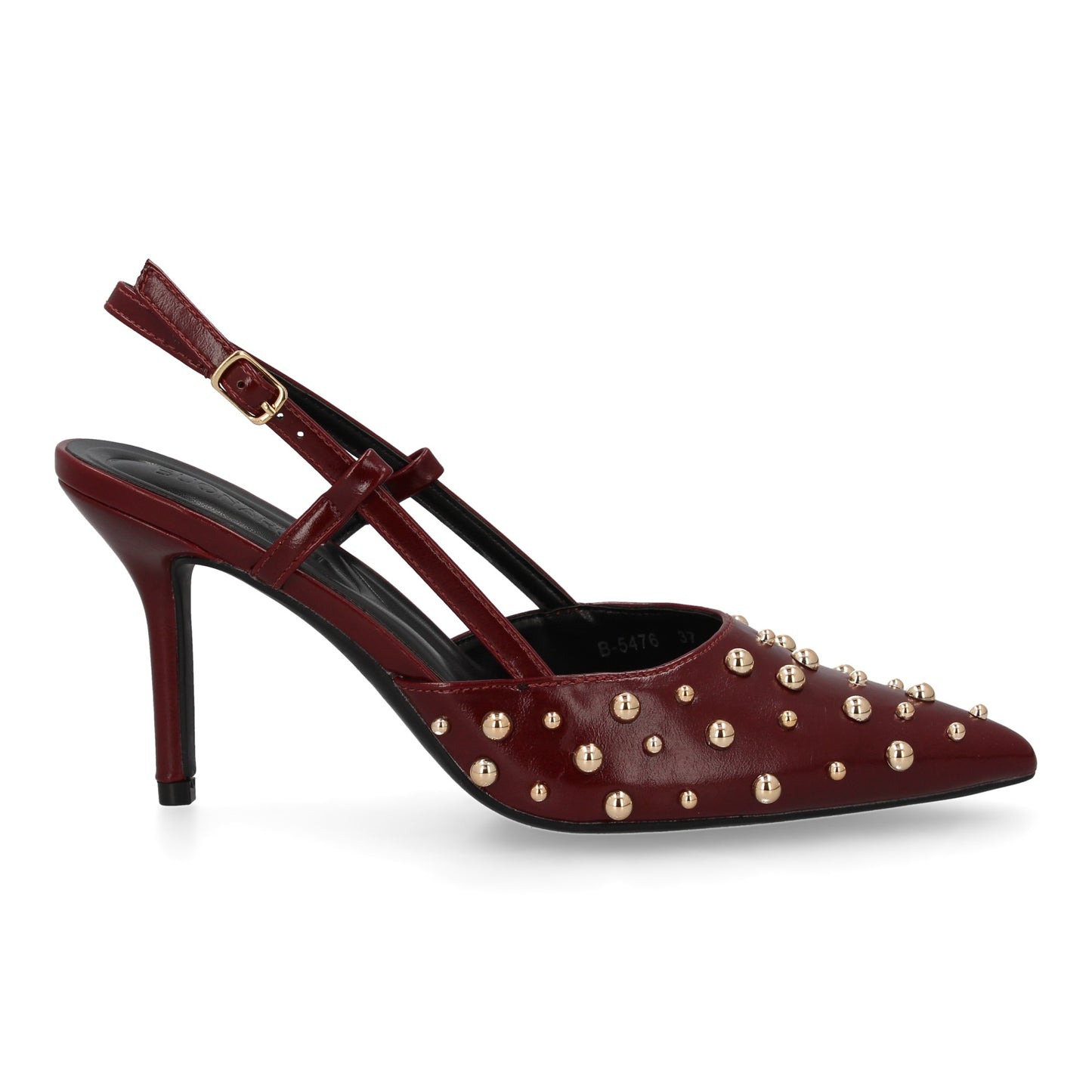 Stiletto para mujer con tacon fino  detalle metálicos  cierre de hebilla. Punta