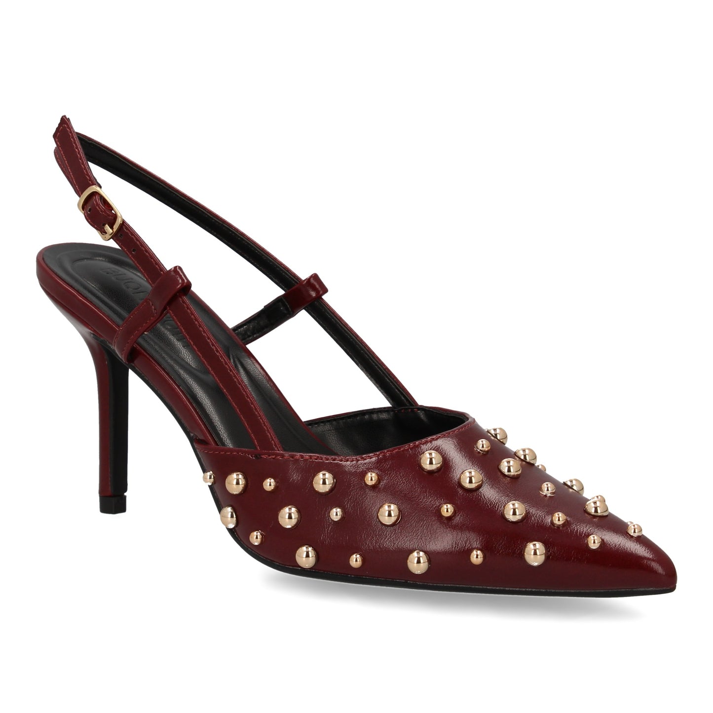 Stiletto para mujer con tacon fino  detalle metálicos  cierre de hebilla. Punta