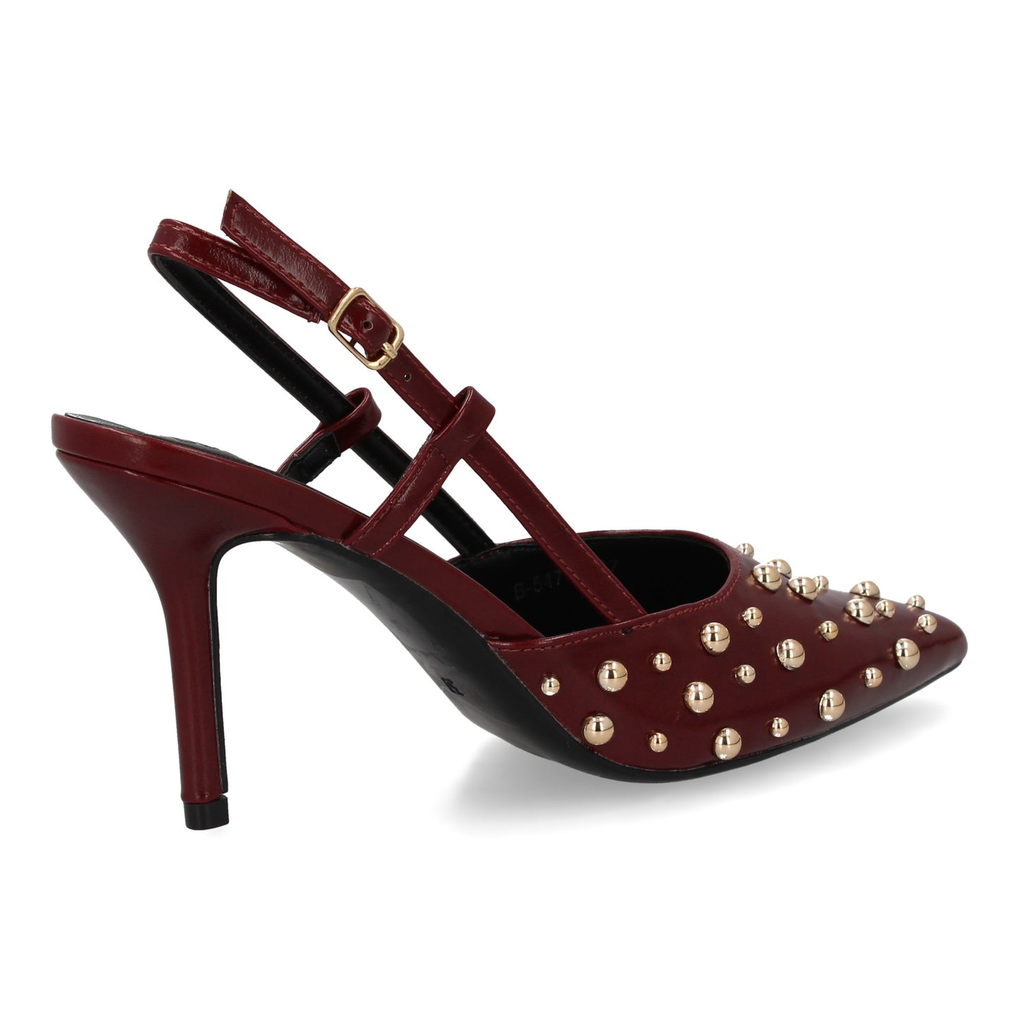 Stiletto para mujer con tacon fino  detalle metálicos  cierre de hebilla. Punta