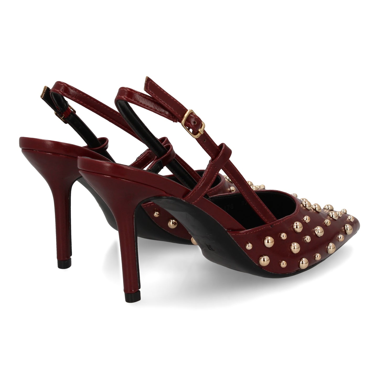 Stiletto para mujer con tacon fino  detalle metálicos  cierre de hebilla. Punta