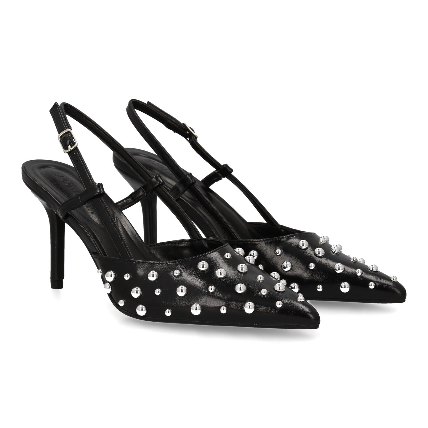 Stiletto para mujer con tacon fino  detalle metálicos  cierre de hebilla. Punta