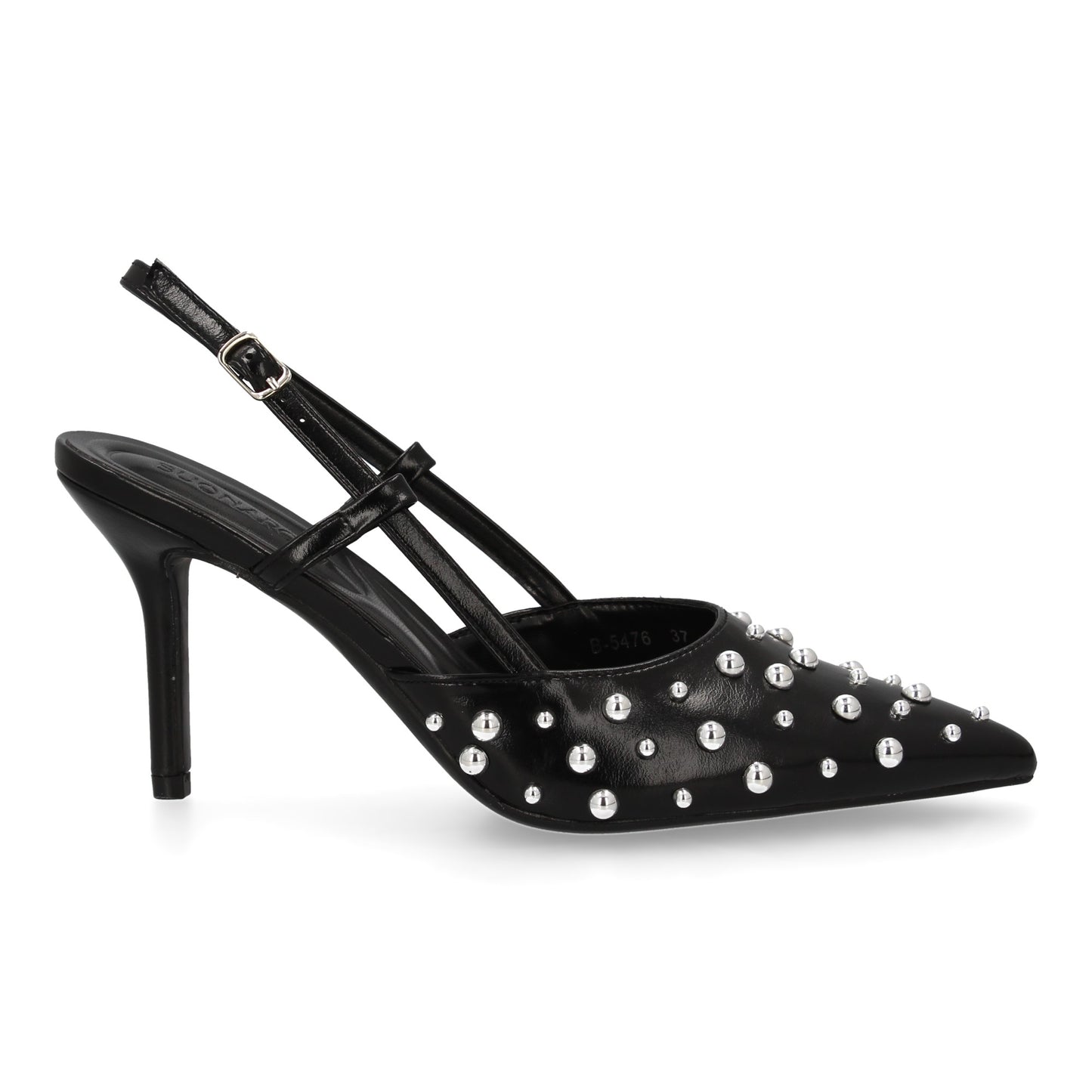 Stiletto para mujer con tacon fino  detalle metálicos  cierre de hebilla. Punta