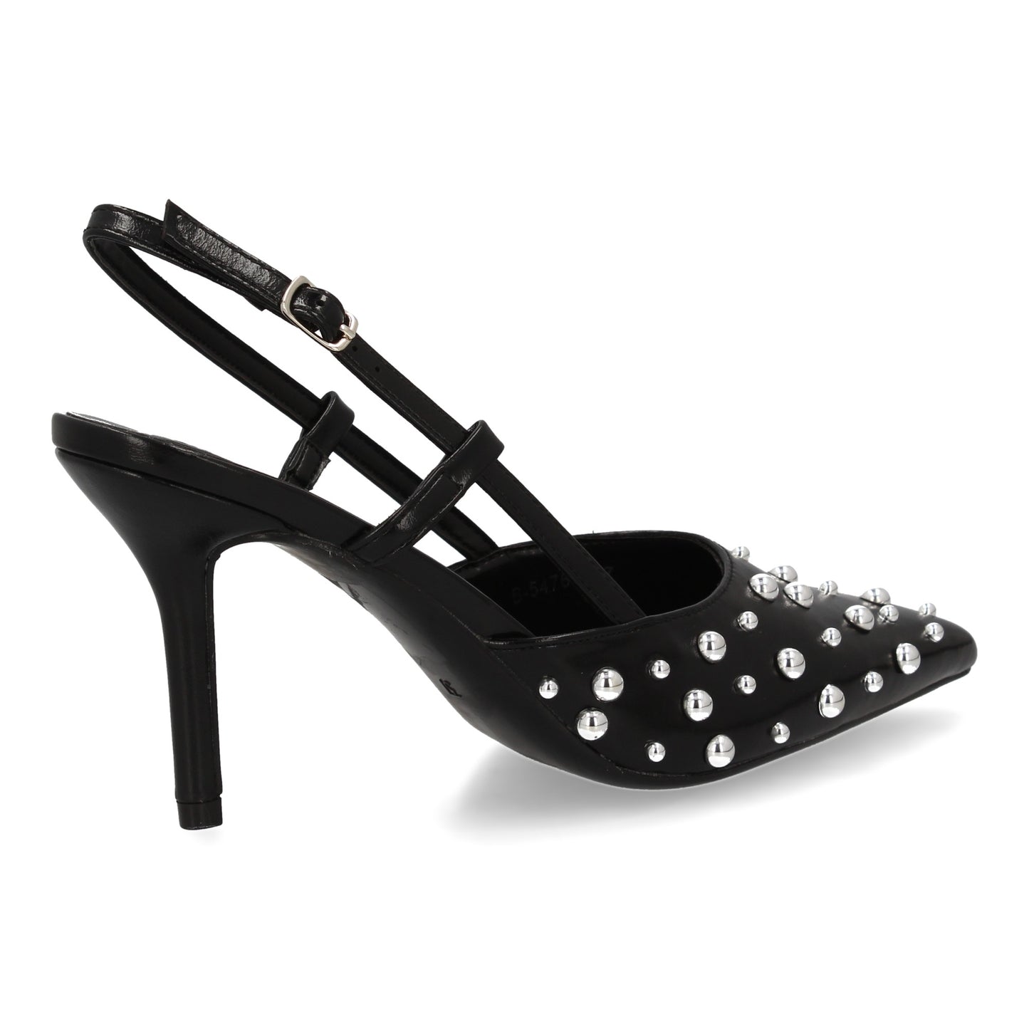 Stiletto para mujer con tacon fino  detalle metálicos  cierre de hebilla. Punta