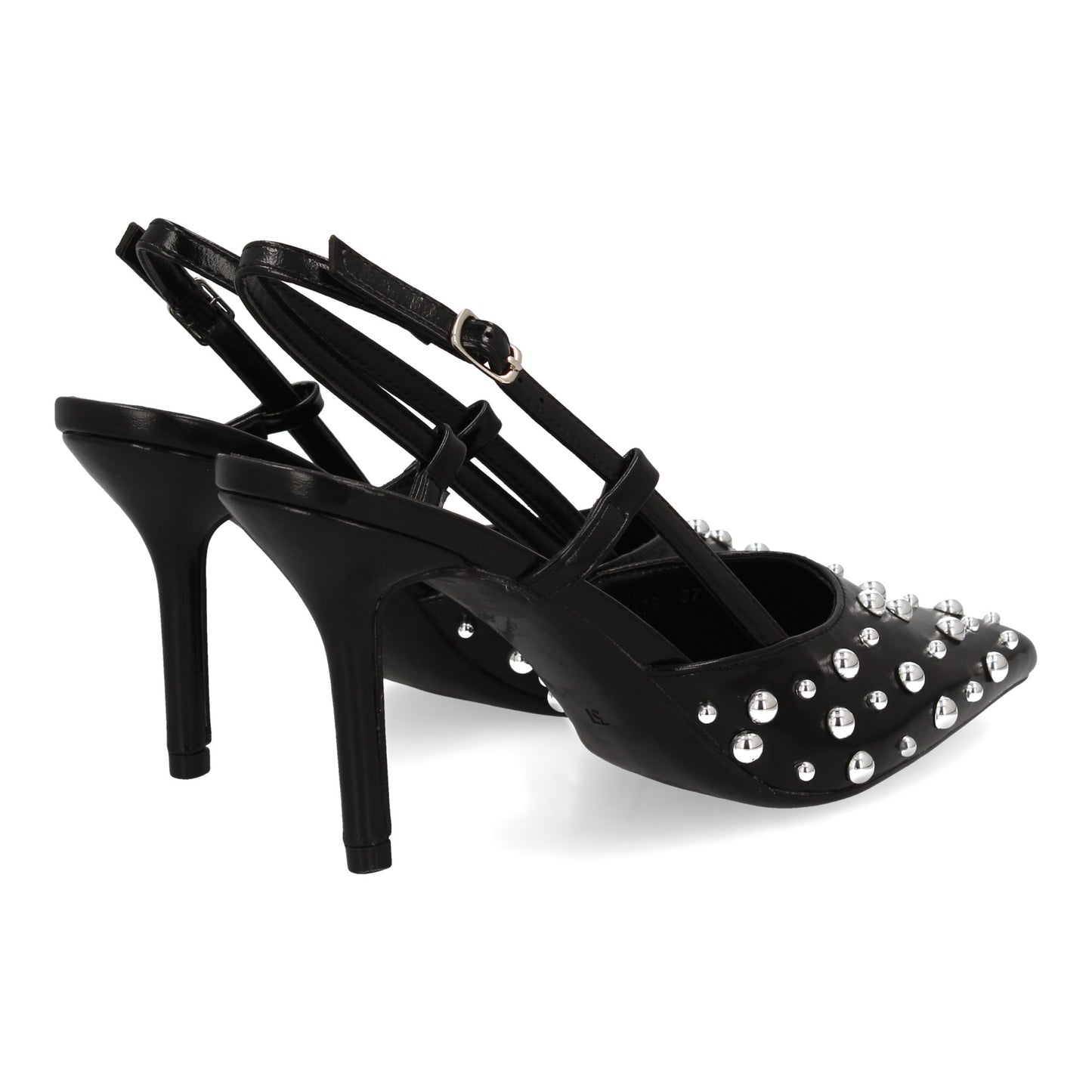 Stiletto para mujer con tacon fino  detalle metálicos  cierre de hebilla. Punta