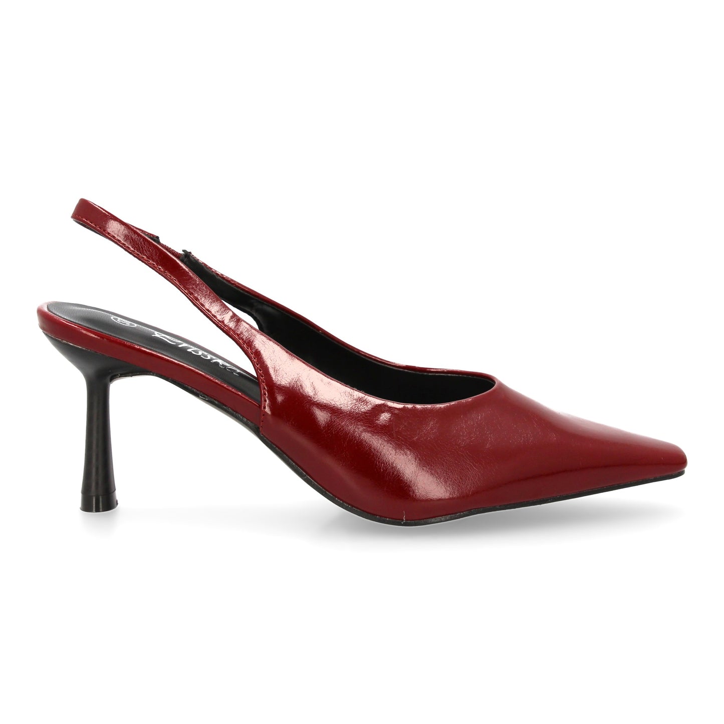 Zapato de salón destalonado con punta y tacon fino. Estampado liso  cierre elást