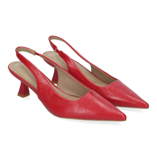 Zapato rojo  Estilo Salón  con Tacón  con Puntera Fina  talon abierto y Hebilla Ajustable.