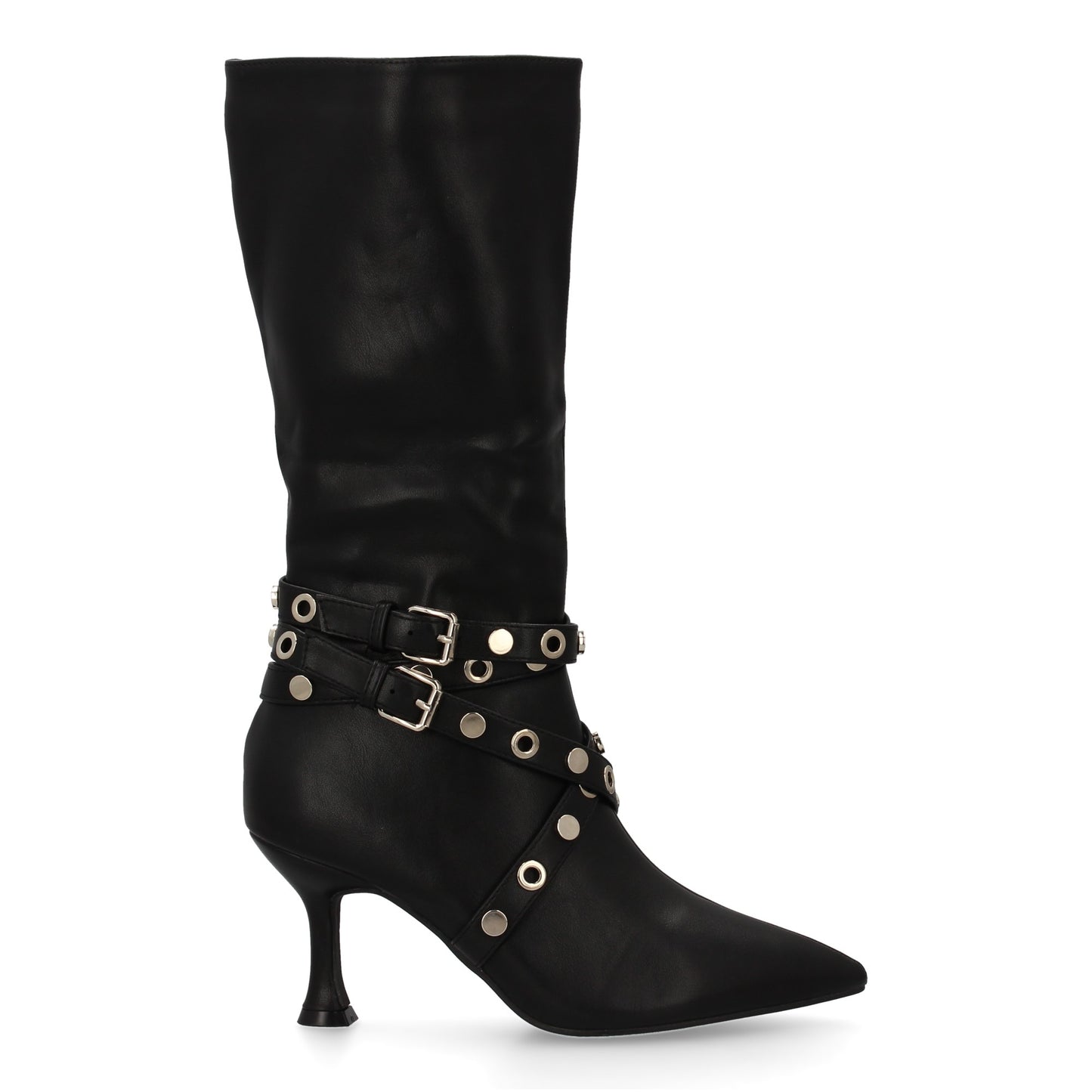 Bota alta para mujer con tacon fino  con doble hebilla y detalle de tachuelas y