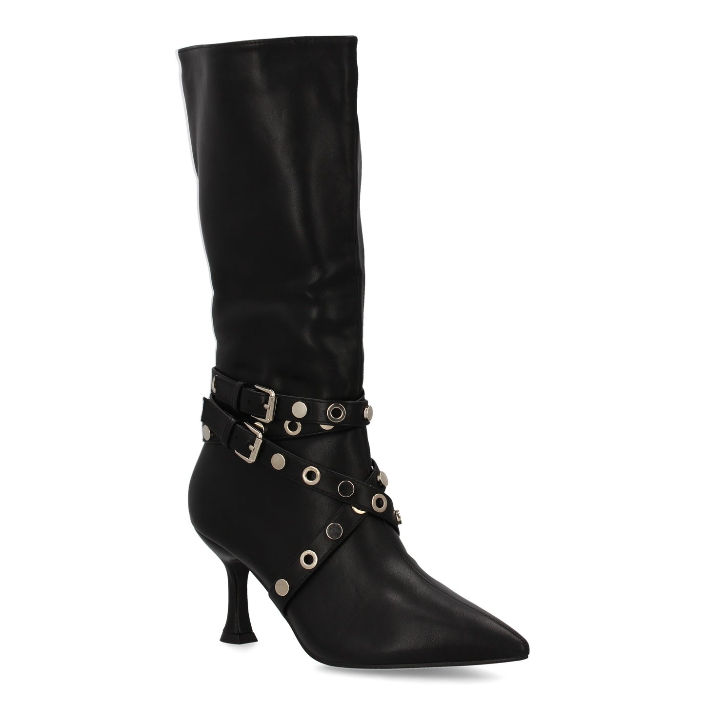 Bota alta para mujer con tacon fino  con doble hebilla y detalle de tachuelas y