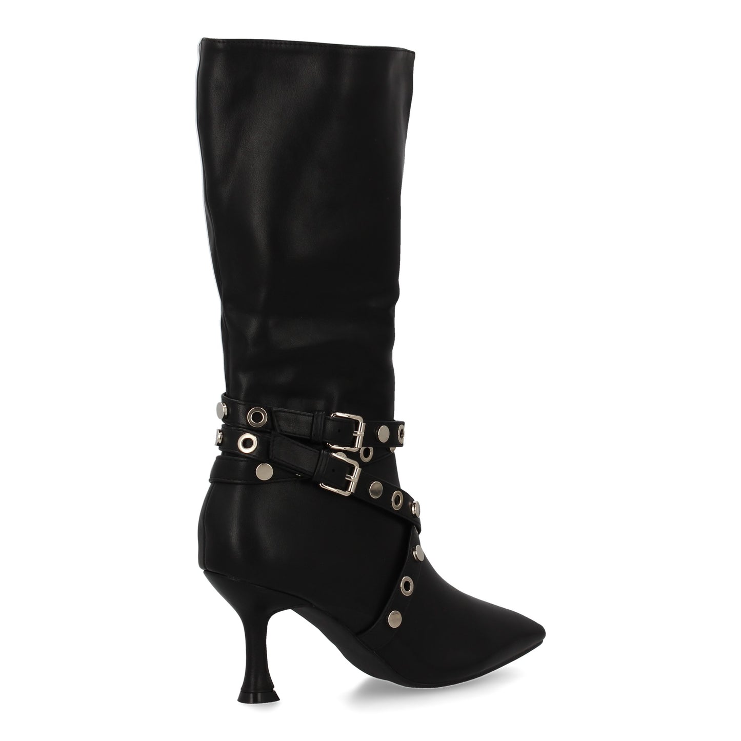 Bota alta para mujer con tacon fino  con doble hebilla y detalle de tachuelas y