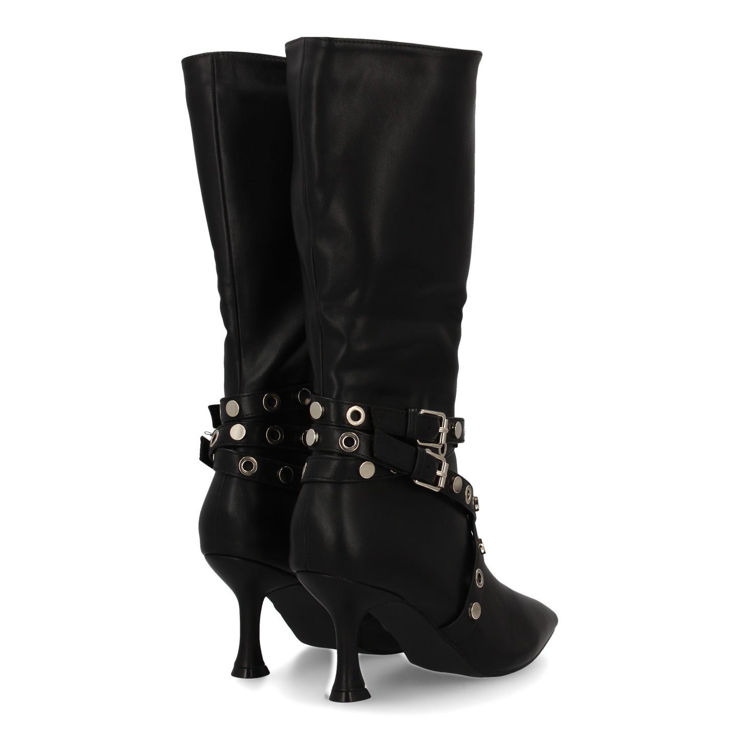 Bota alta para mujer con tacon fino  con doble hebilla y detalle de tachuelas y