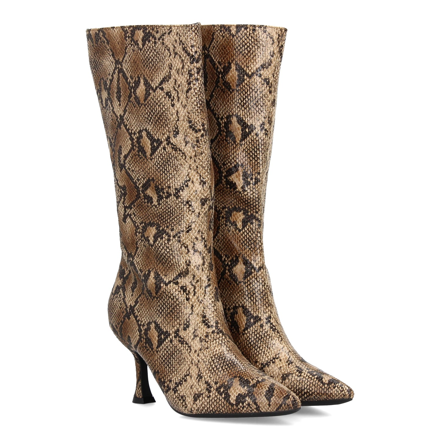 Bota alta de caña media diseño llamativo y sofisticado. Punta fina y tacón