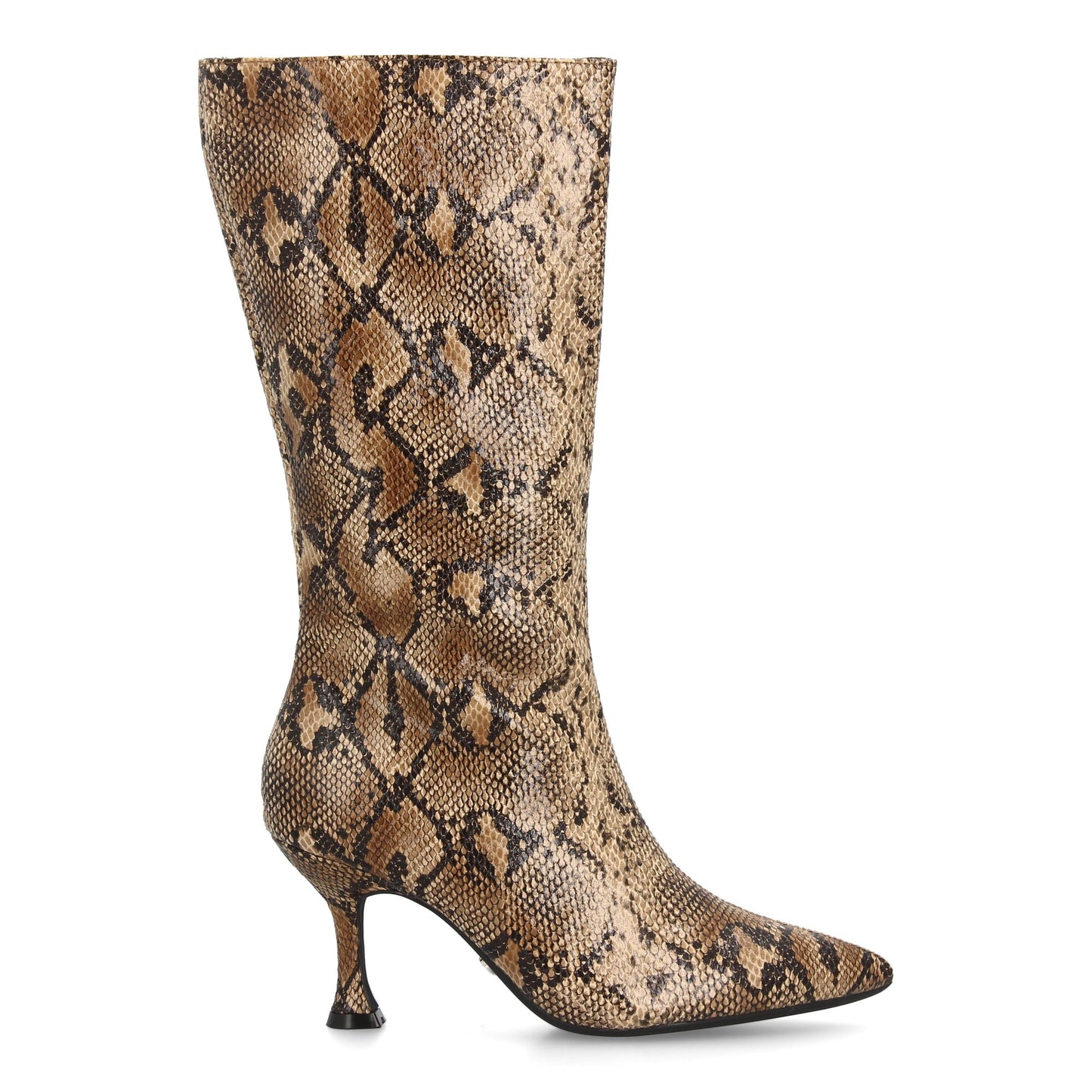Bota alta de caña media diseño llamativo y sofisticado. Punta fina y tacón