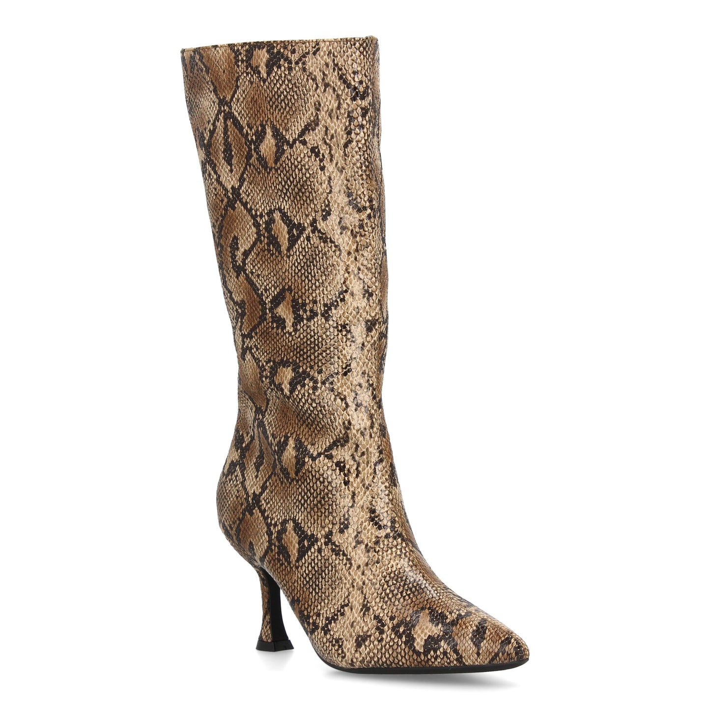Bota alta de caña media diseño llamativo y sofisticado. Punta fina y tacón