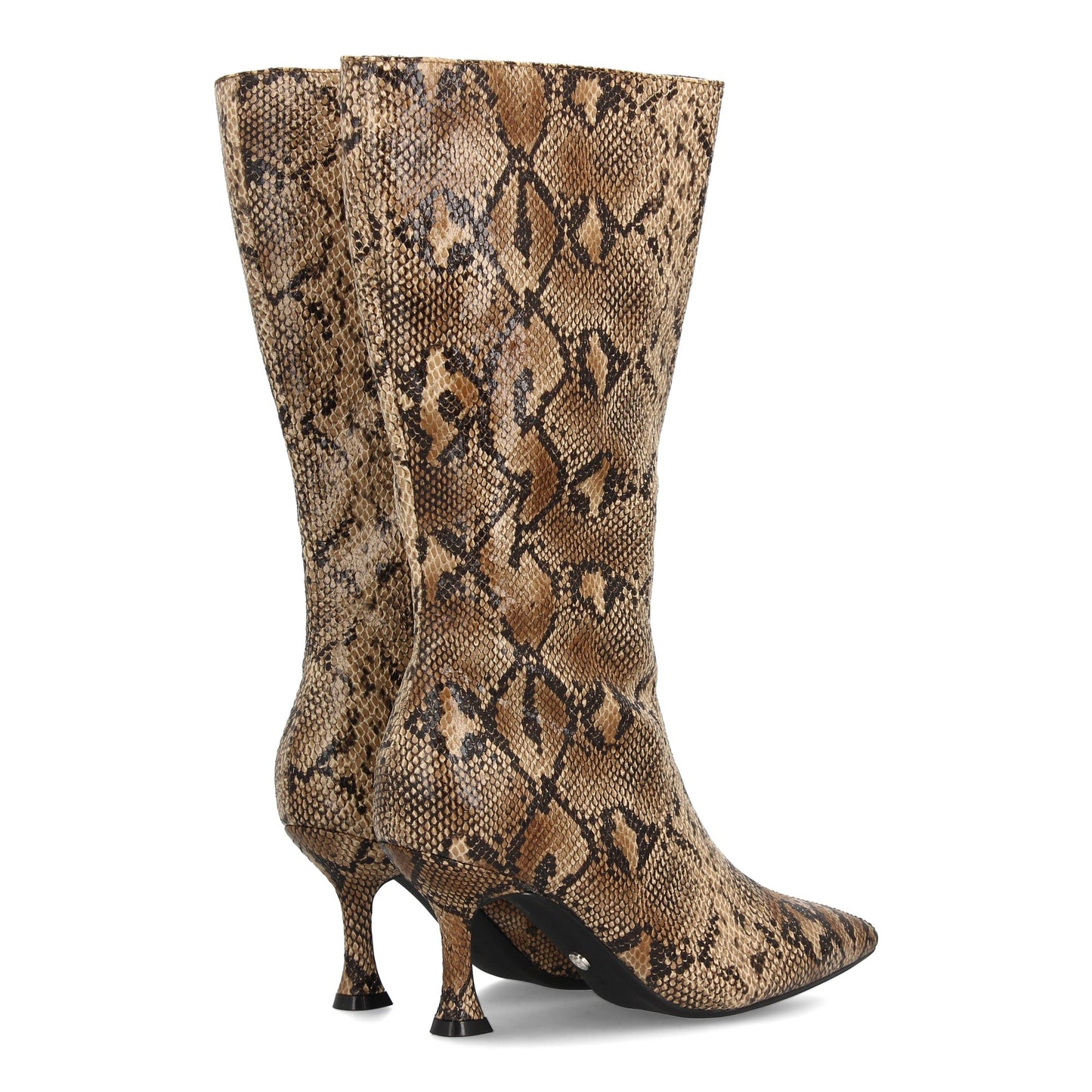 Bota alta de caña media diseño llamativo y sofisticado. Punta fina y tacón