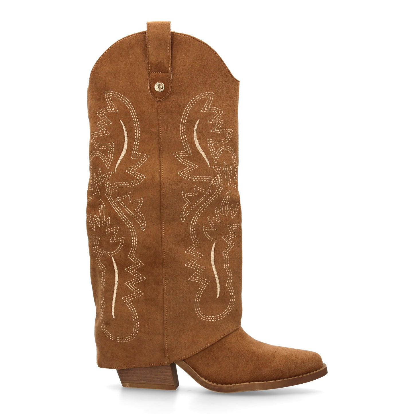 Bota para mujer estilo cowboy  acabada en punta y con grabados bordados en la ca