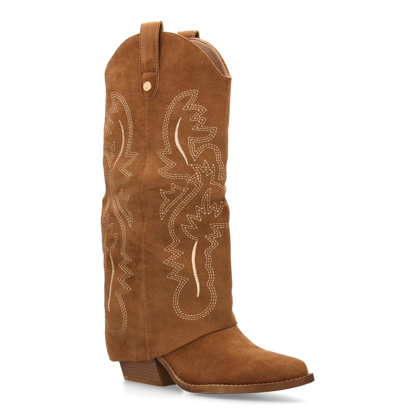 Bota para mujer estilo cowboy  acabada en punta y con grabados bordados en la ca