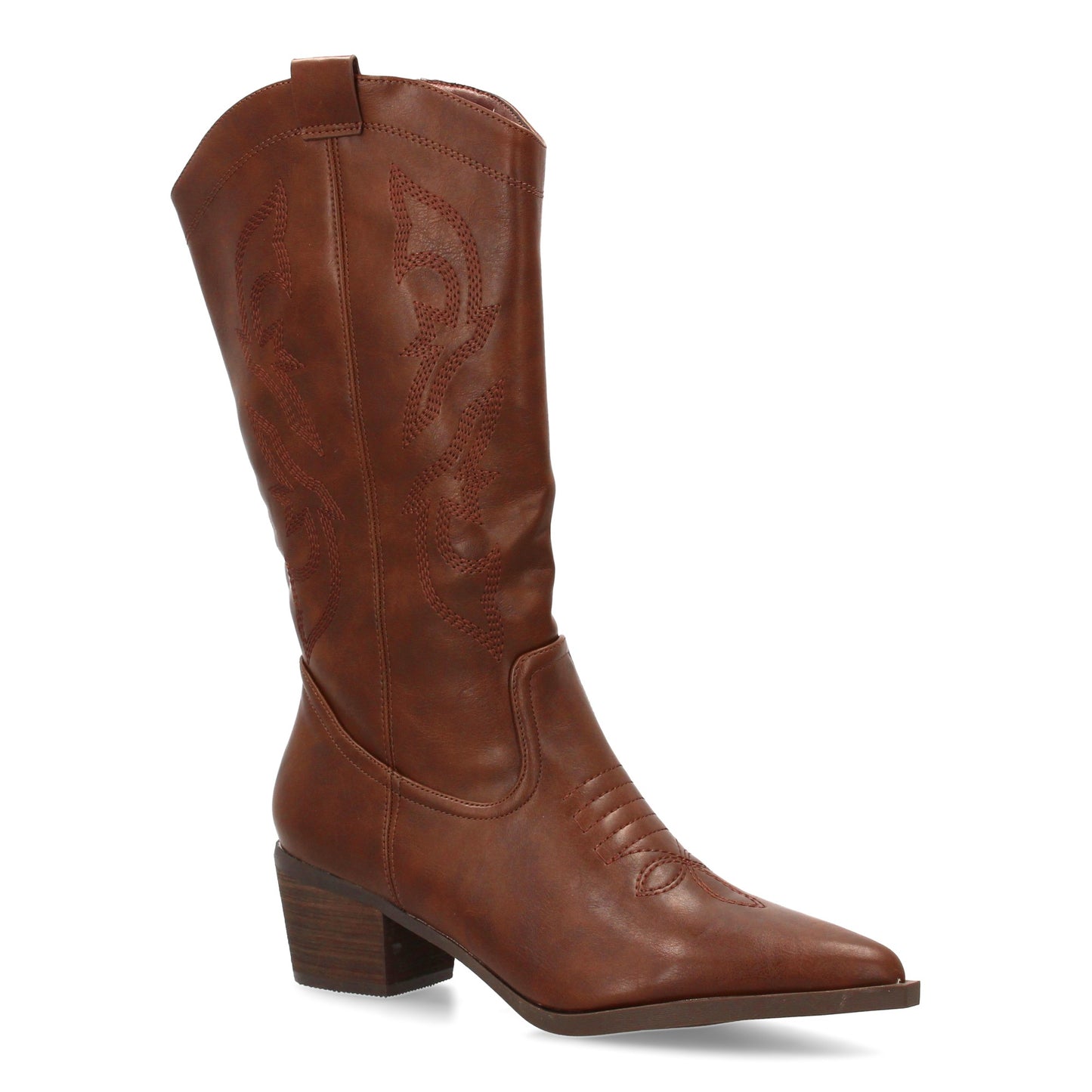 Bota cowboy de caña alta con bordados laterales. Punta fina y tacón ancho ´cómod