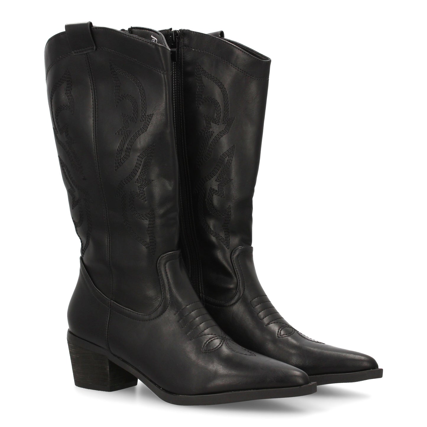 Bota cowboy de caña alta con bordados laterales. Punta fina y tacón ancho ´cómod