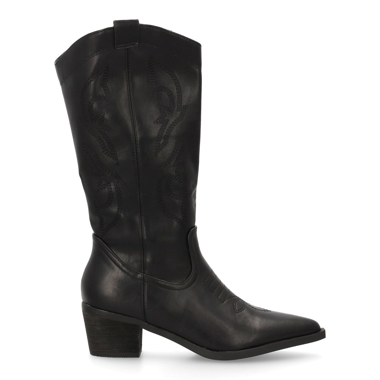 Bota cowboy de caña alta con bordados laterales. Punta fina y tacón ancho ´cómod