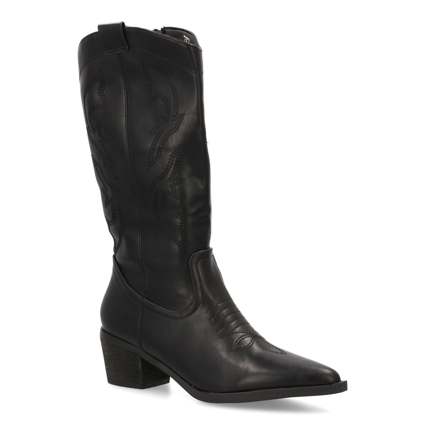 Bota cowboy de caña alta con bordados laterales. Punta fina y tacón ancho ´cómod