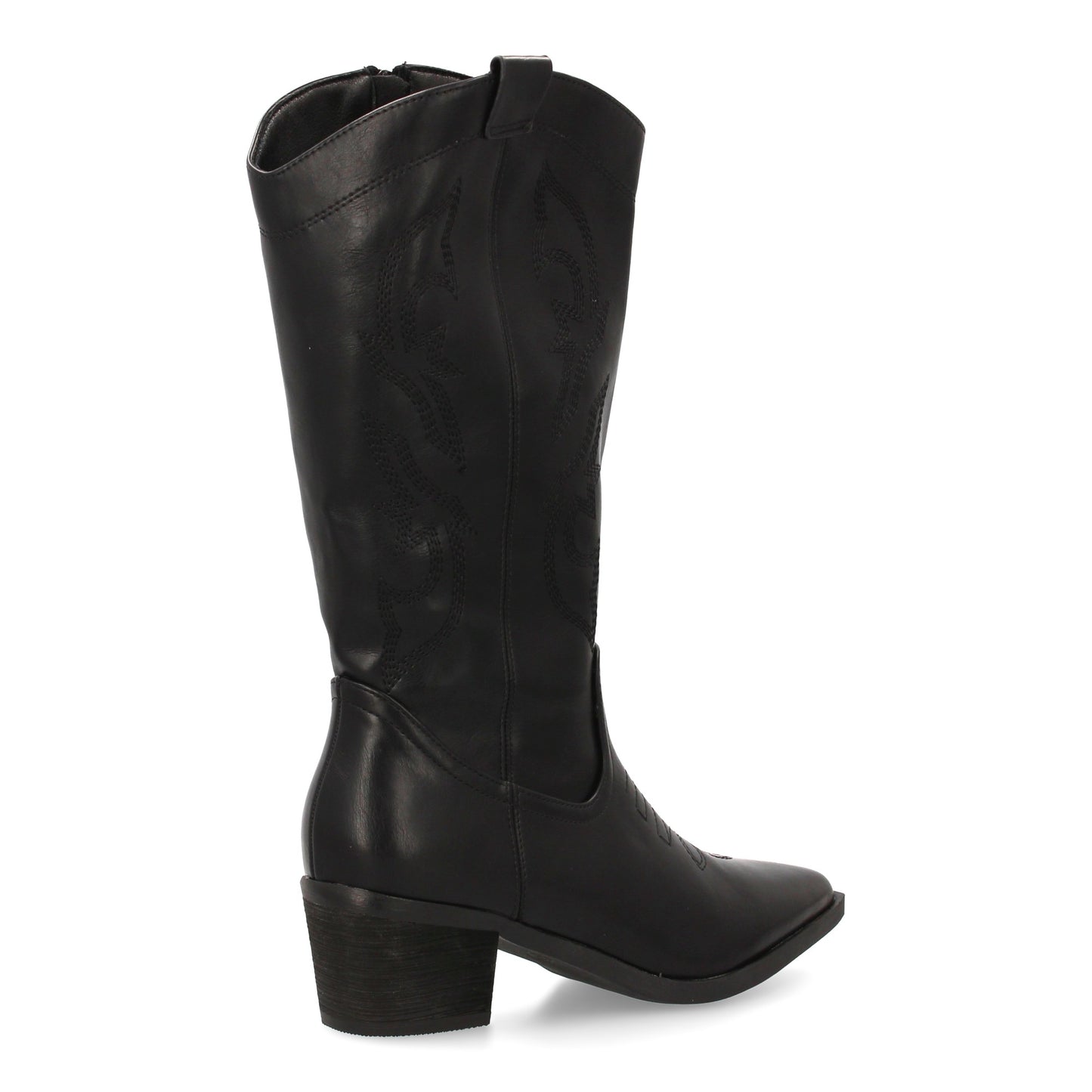 Bota cowboy de caña alta con bordados laterales. Punta fina y tacón ancho ´cómod