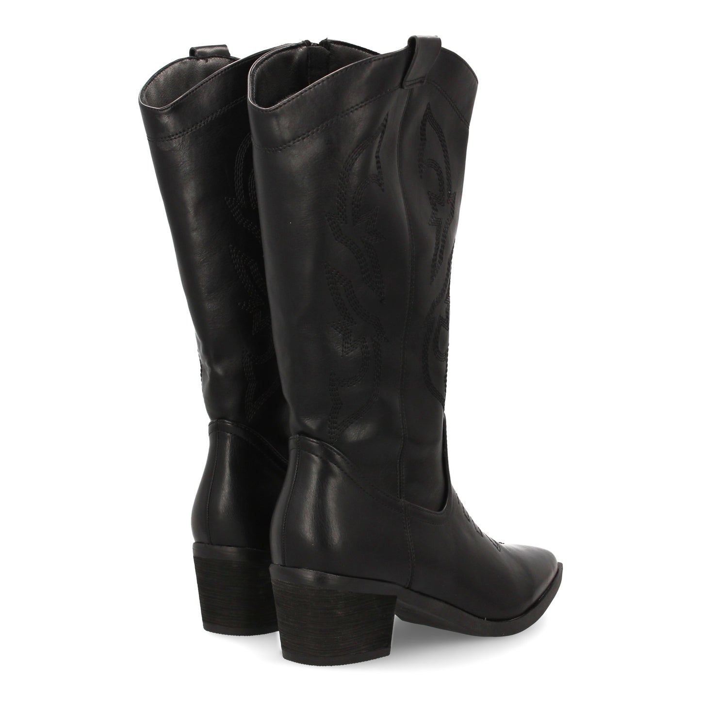 Bota cowboy de caña alta con bordados laterales. Punta fina y tacón ancho ´cómod