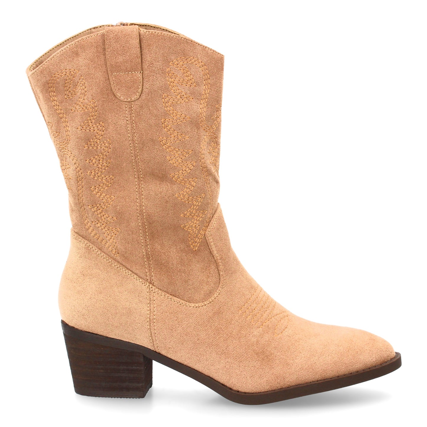 Bota cowboy de caña media con bordados frontales y laterales  punta fina. tacón