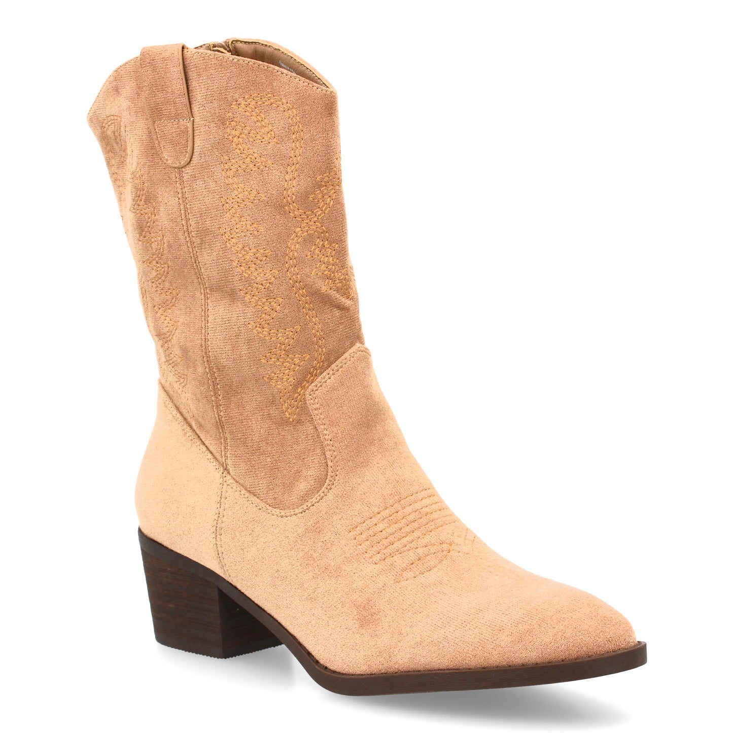 Bota cowboy de caña media con bordados frontales y laterales  punta fina. tacón