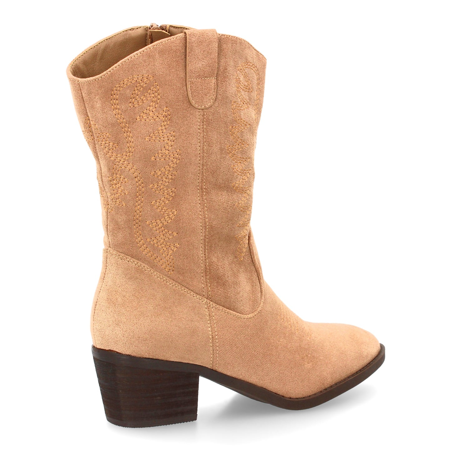 Bota cowboy de caña media con bordados frontales y laterales  punta fina. tacón