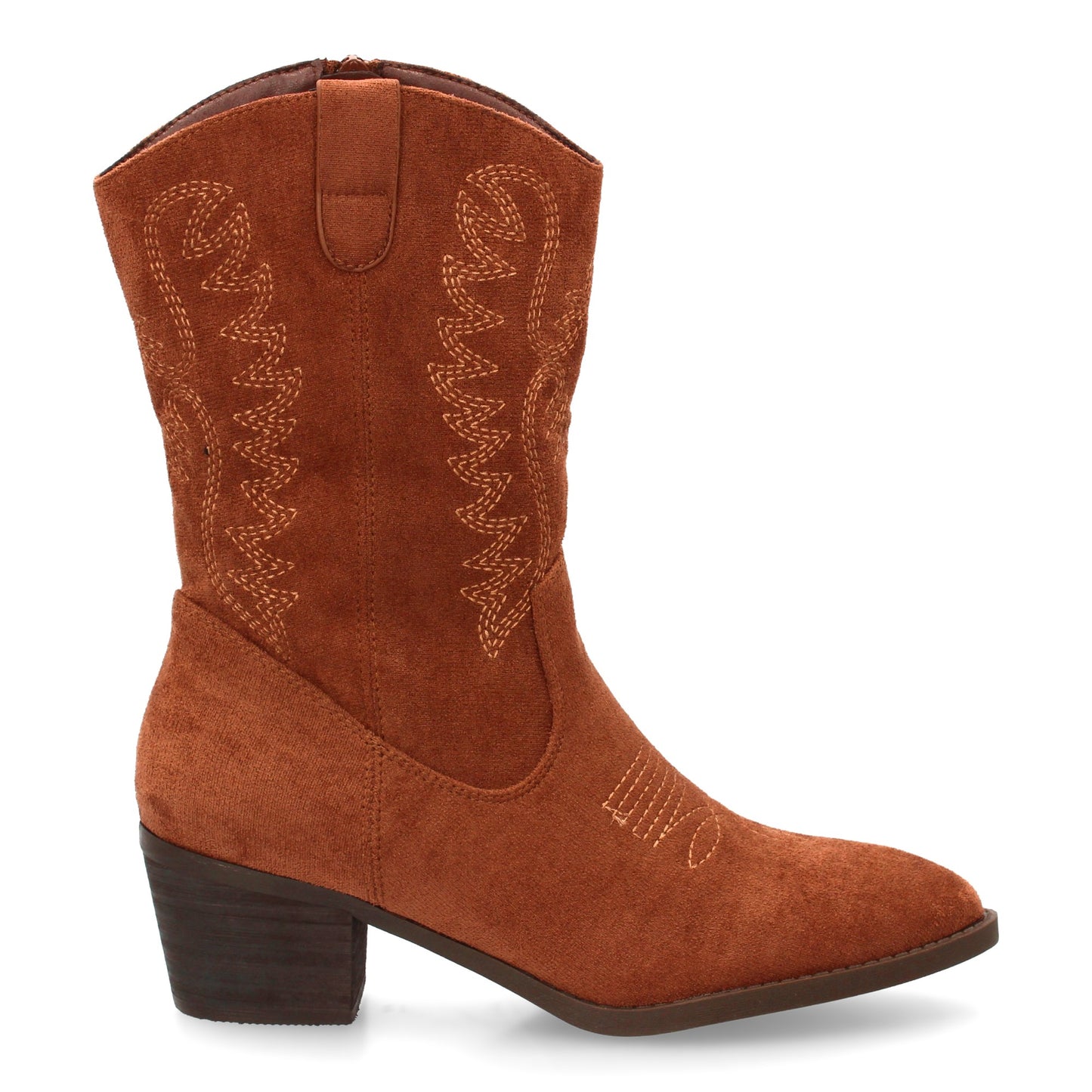 Bota cowboy de caña media con bordados frontales y laterales  punta fina. tacón
