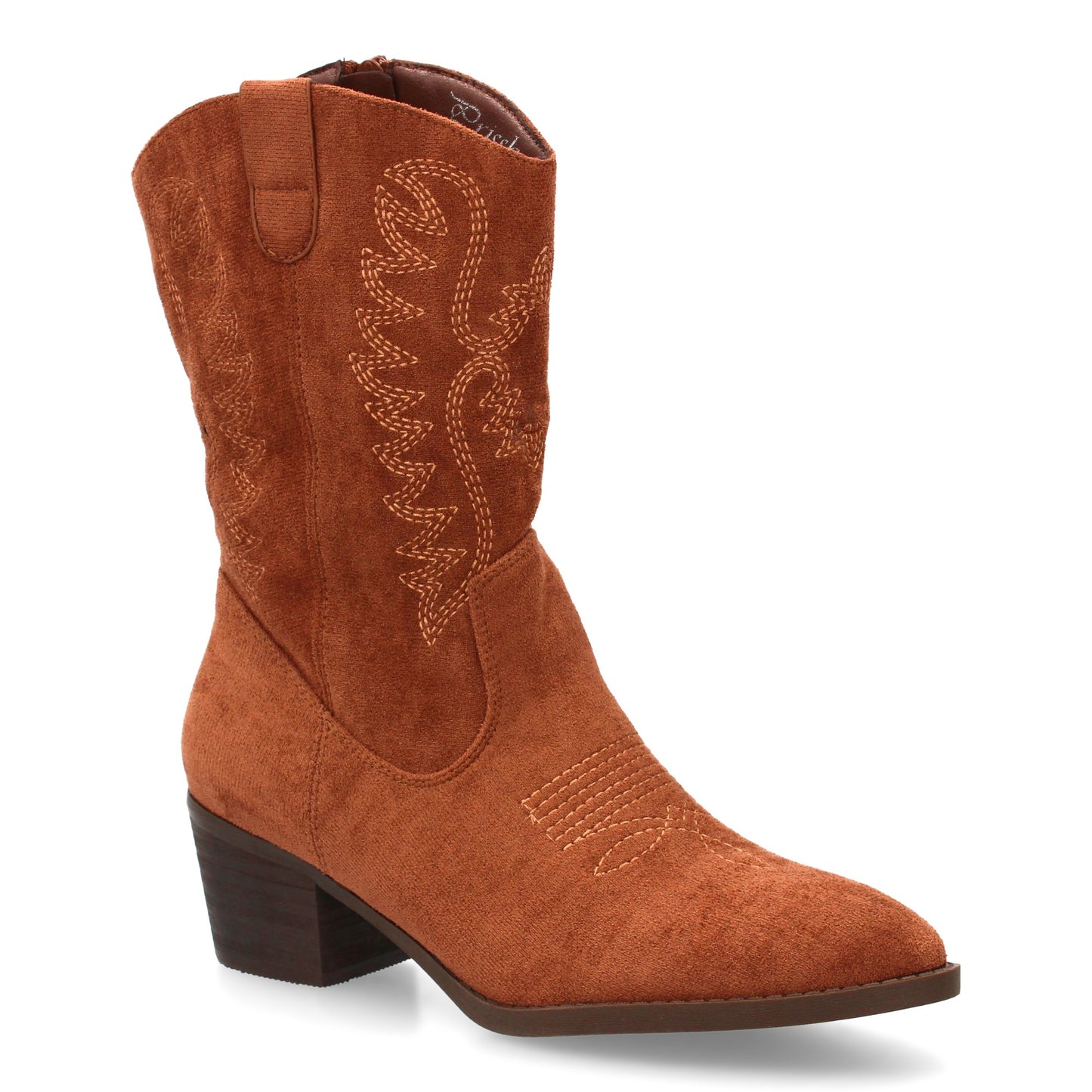 Bota cowboy de caña media con bordados frontales y laterales  punta fina. tacón