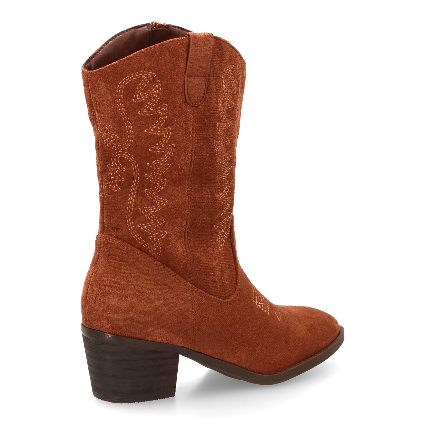 Bota cowboy de caña media con bordados frontales y laterales  punta fina. tacón