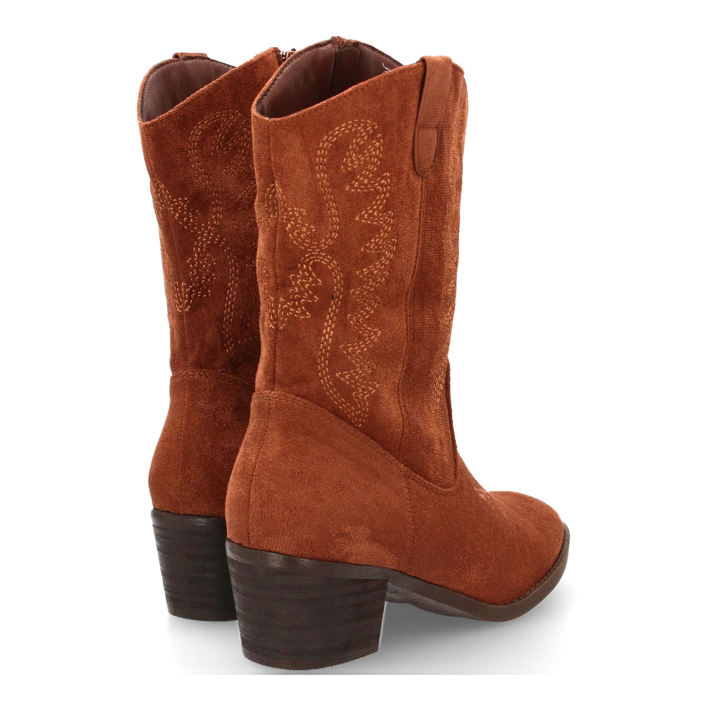 Bota cowboy de caña media con bordados frontales y laterales  punta fina. tacón