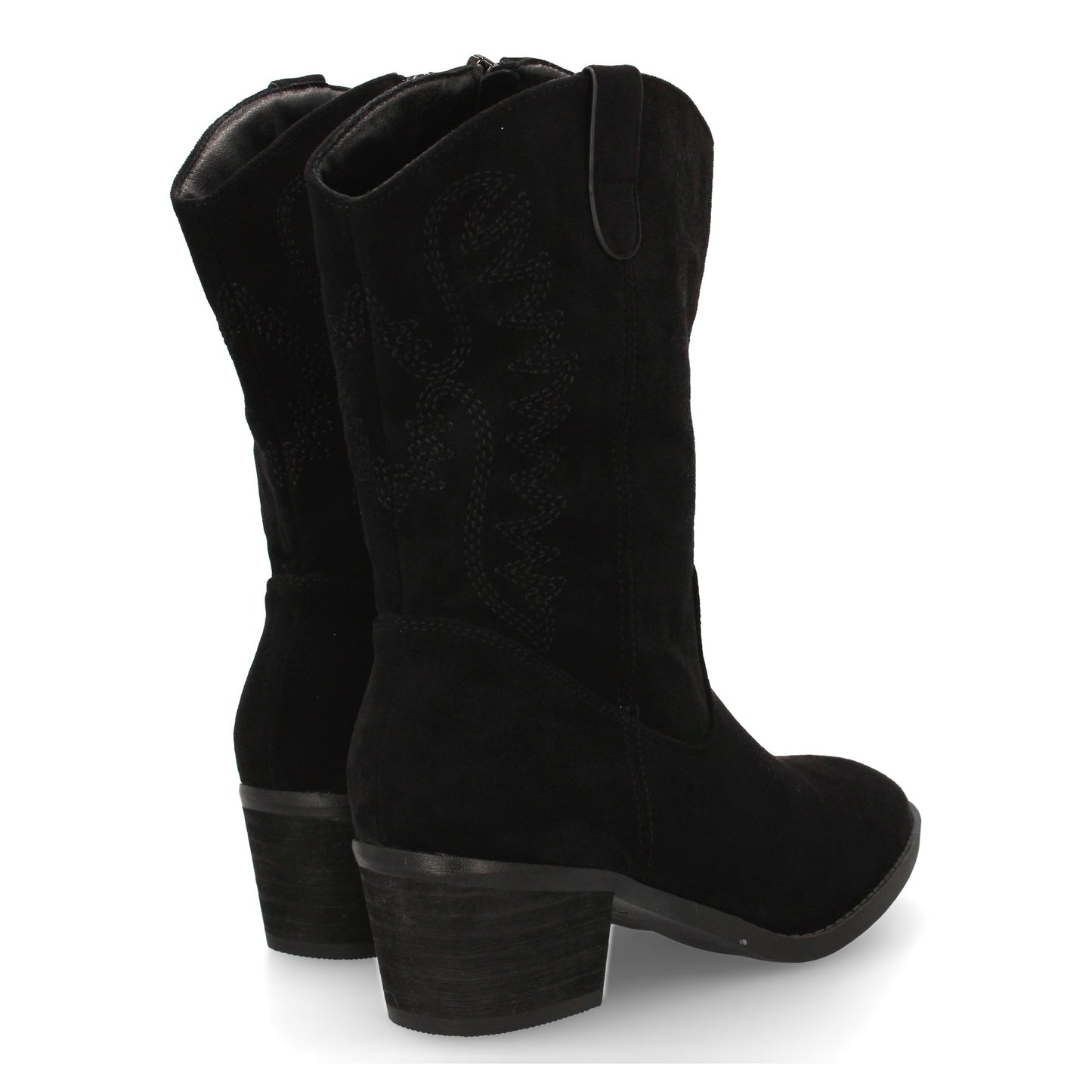 Bota cowboy de caña media con bordados frontales y laterales  punta fina. tacón
