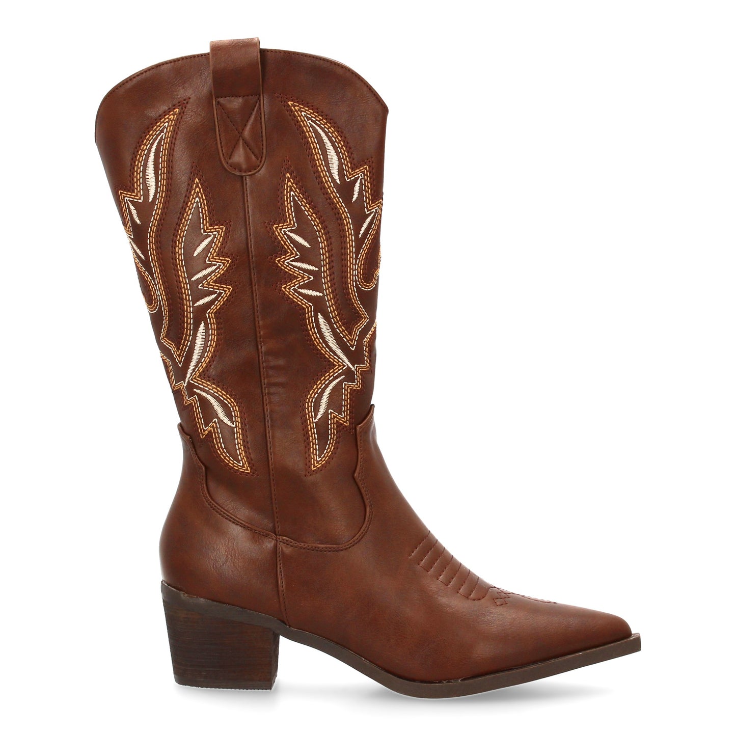 Bota cowboy de caña alta con bordados multicolor en la caña. Incluye punta fina