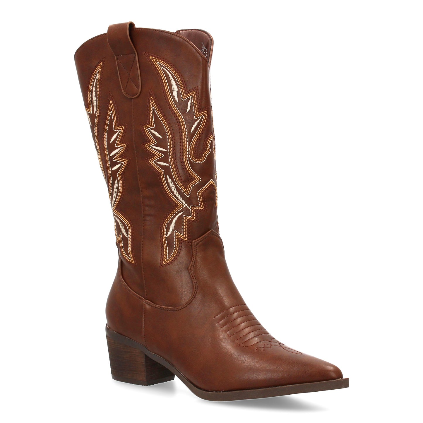 Bota cowboy de caña alta con bordados multicolor en la caña. Incluye punta fina