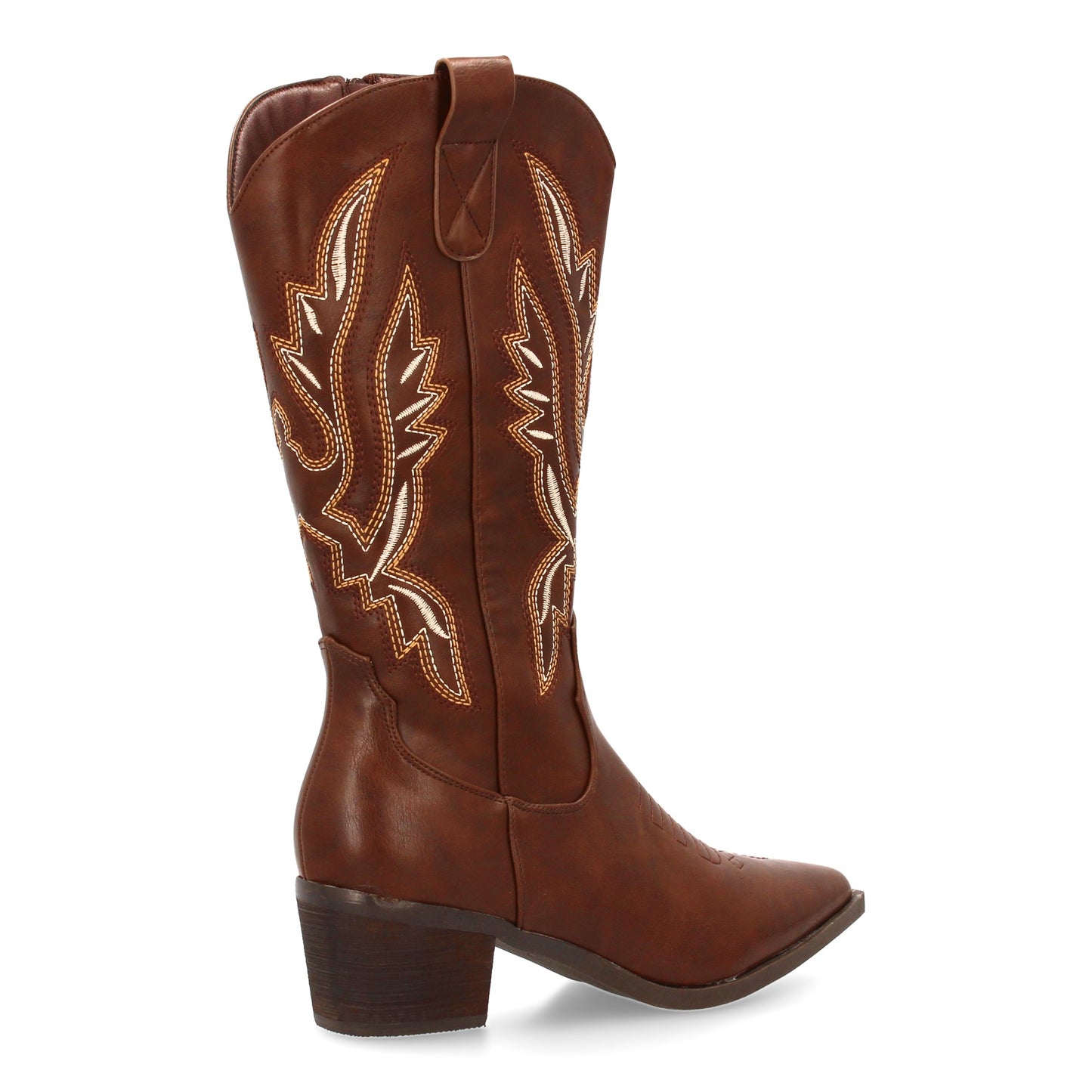 Bota cowboy de caña alta con bordados multicolor en la caña. Incluye punta fina