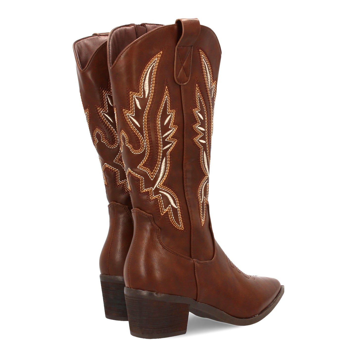 Bota cowboy de caña alta con bordados multicolor en la caña. Incluye punta fina