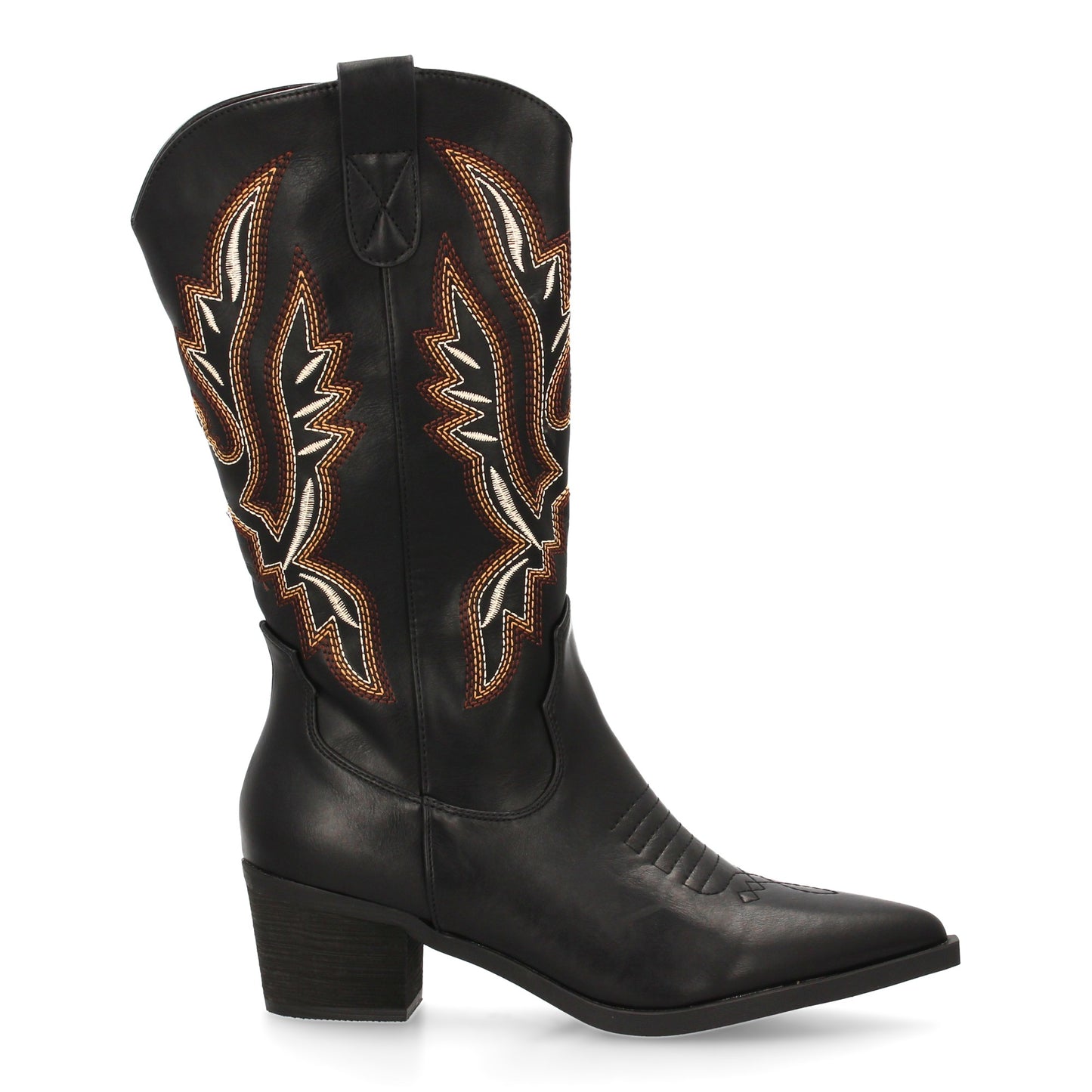 Bota cowboy de caña alta con bordados multicolor en la caña. Incluye punta fina