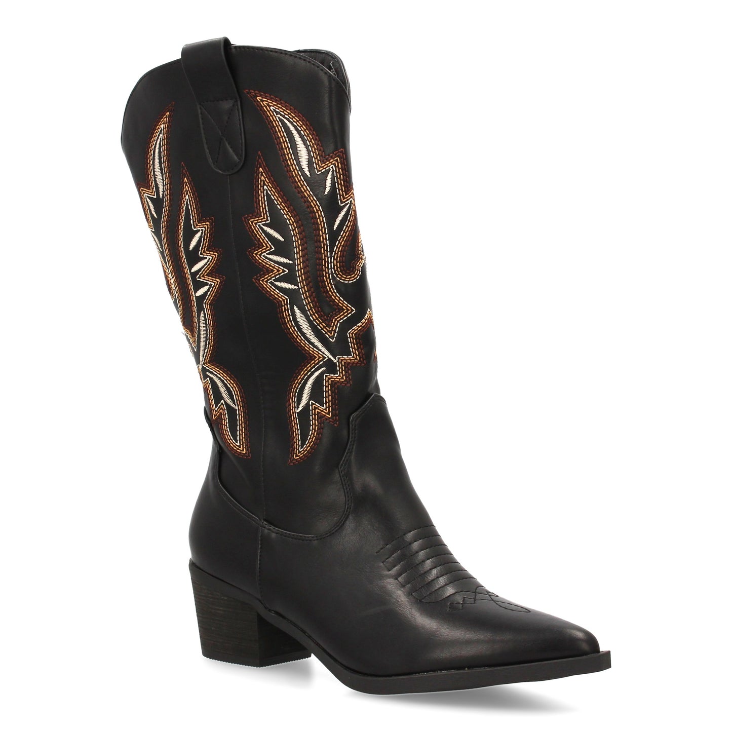 Bota cowboy de caña alta con bordados multicolor en la caña. Incluye punta fina