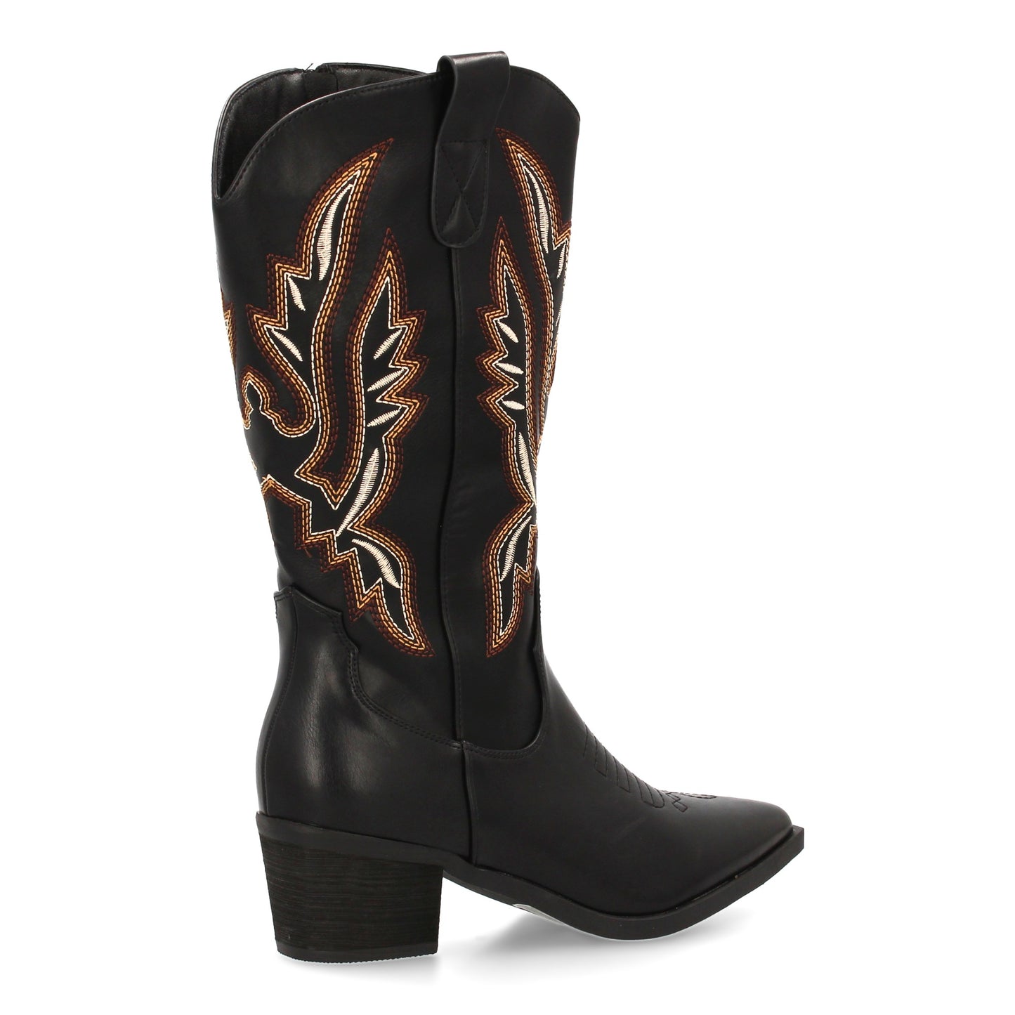 Bota cowboy de caña alta con bordados multicolor en la caña. Incluye punta fina