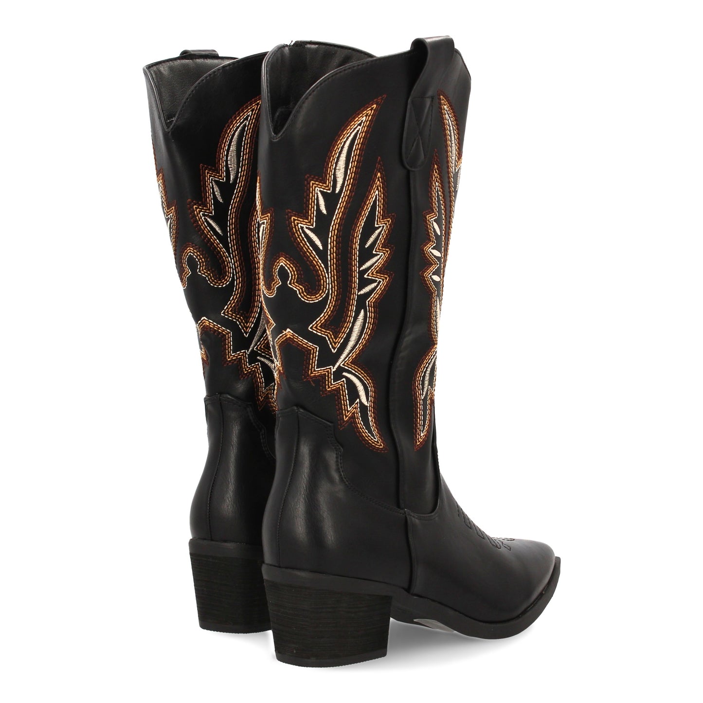 Bota cowboy de caña alta con bordados multicolor en la caña. Incluye punta fina