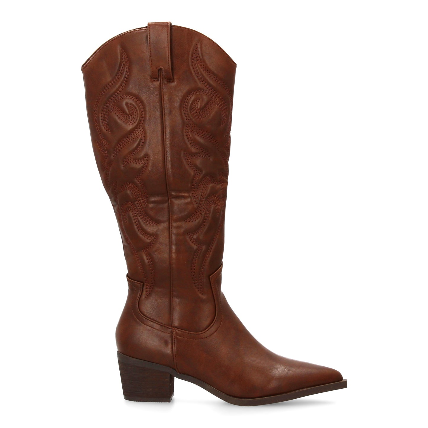 Bota cowboy de caña alta con bordados decorativos y punta fina. tacón ancho ´cóm