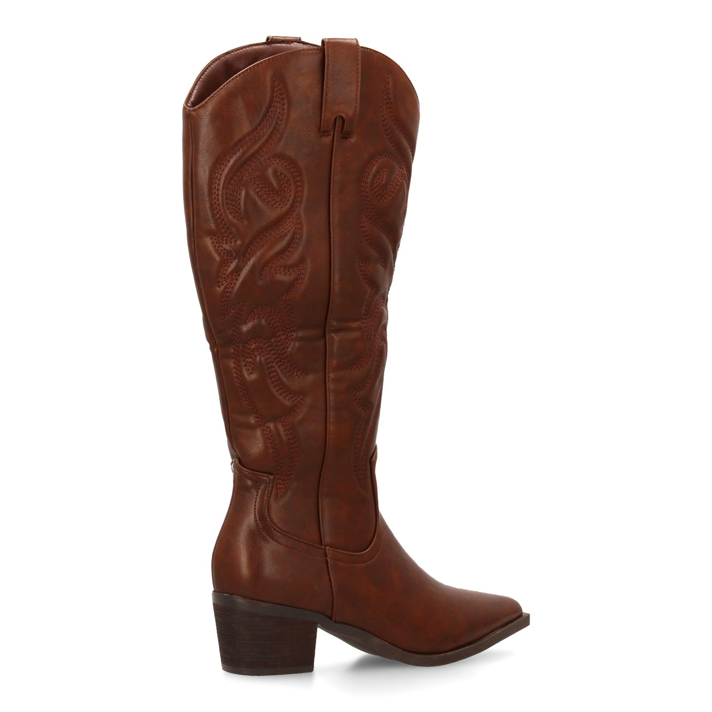 Bota cowboy de caña alta con bordados decorativos y punta fina. tacón ancho ´cóm