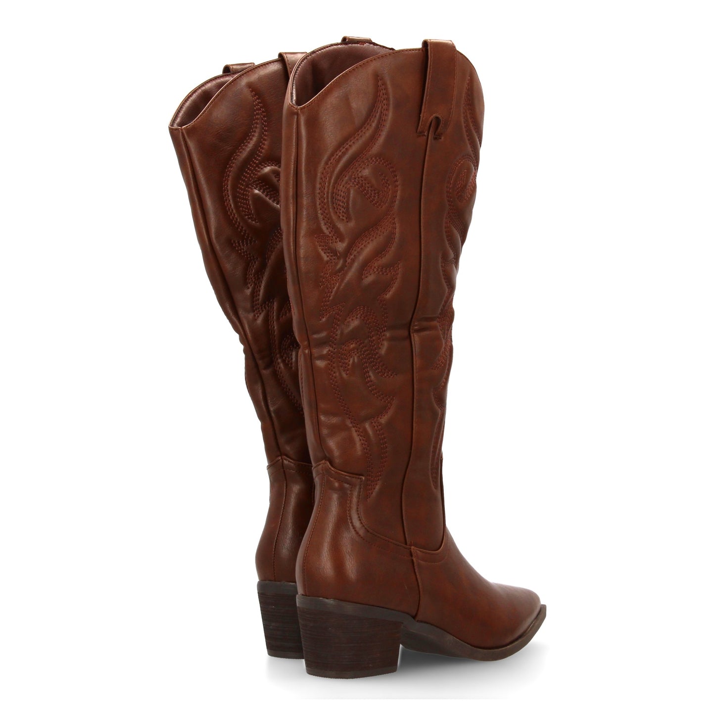 Bota cowboy de caña alta con bordados decorativos y punta fina. tacón ancho ´cóm